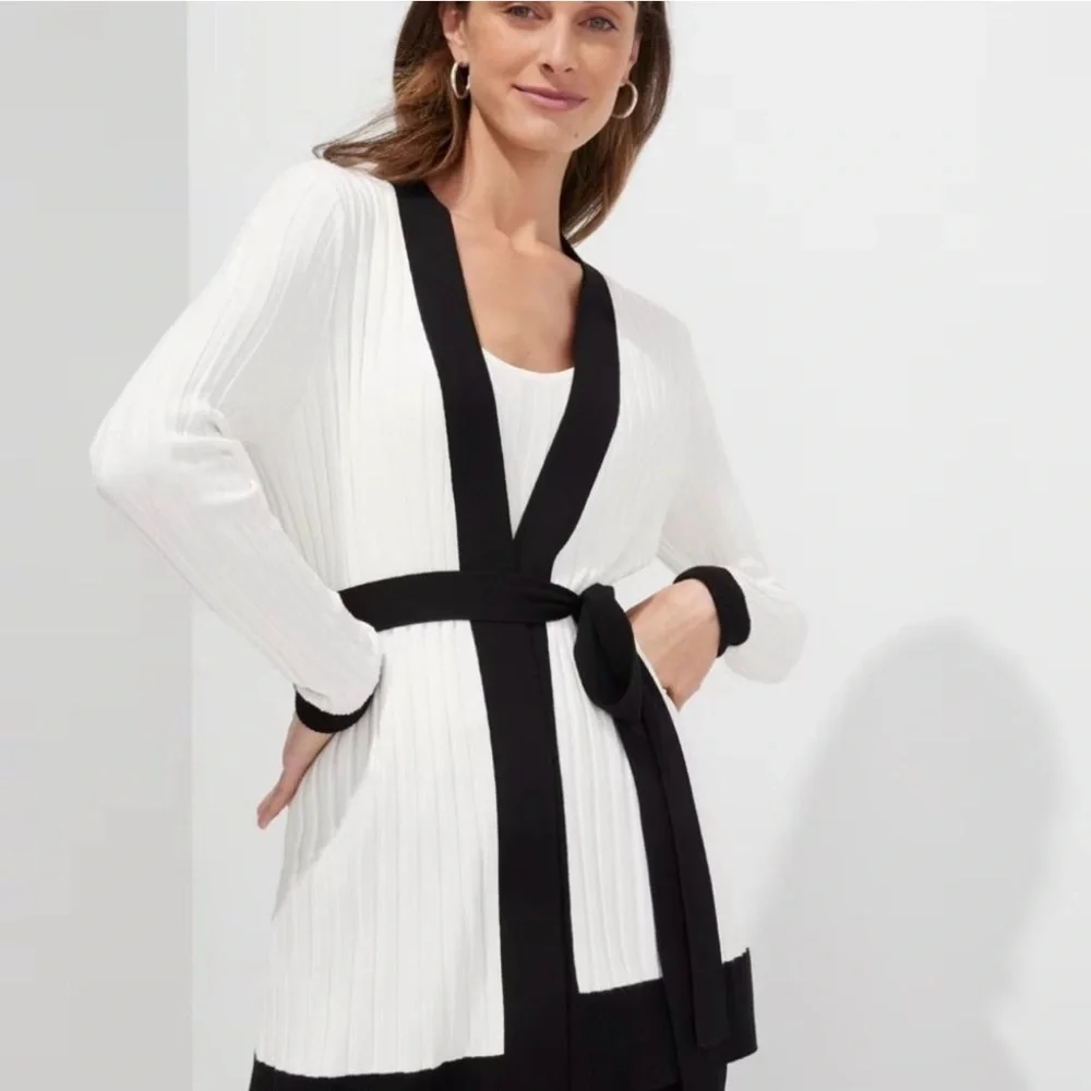 WHBM Ribbed Ivory Black Rayon Nylon Long Optional Belted Cardigan Sweater XL - Picture 2 of 10